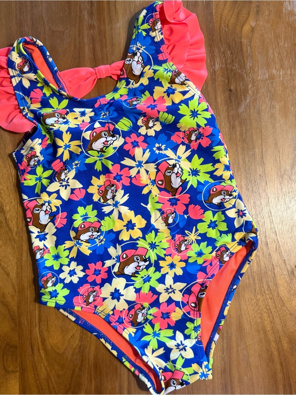 Girls' Blue Floral Buccees One-Piece Swimsuit with Pink Ruffle